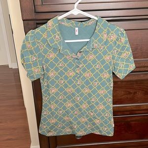 ModCloth teal floral pattern button collar top